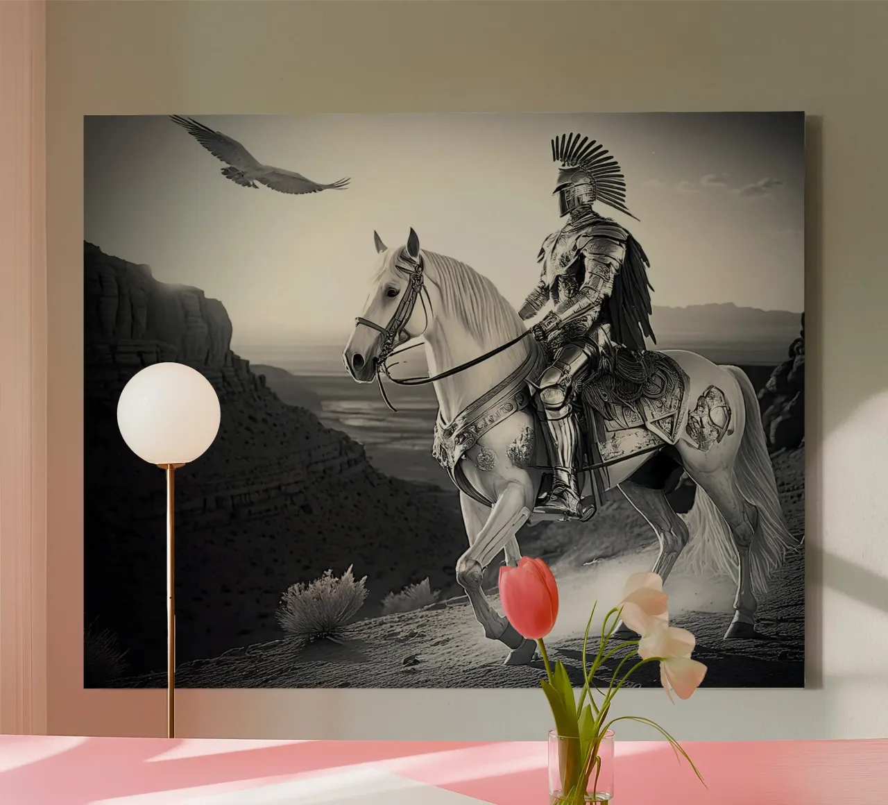 CHEVALIER SUR UN CHEVAL. NOIR ET BLANC. canvas met Baklijst van Thierry vobmann photography