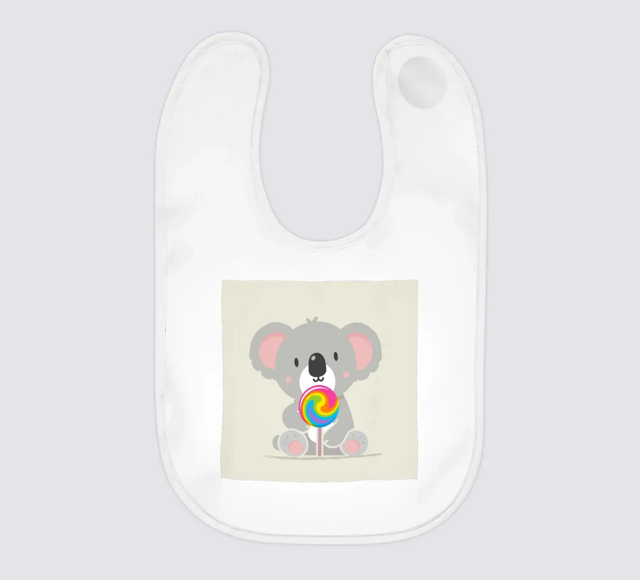 Piccolo koala allegro con un lecca-lecca colorato bavaglino da namosh