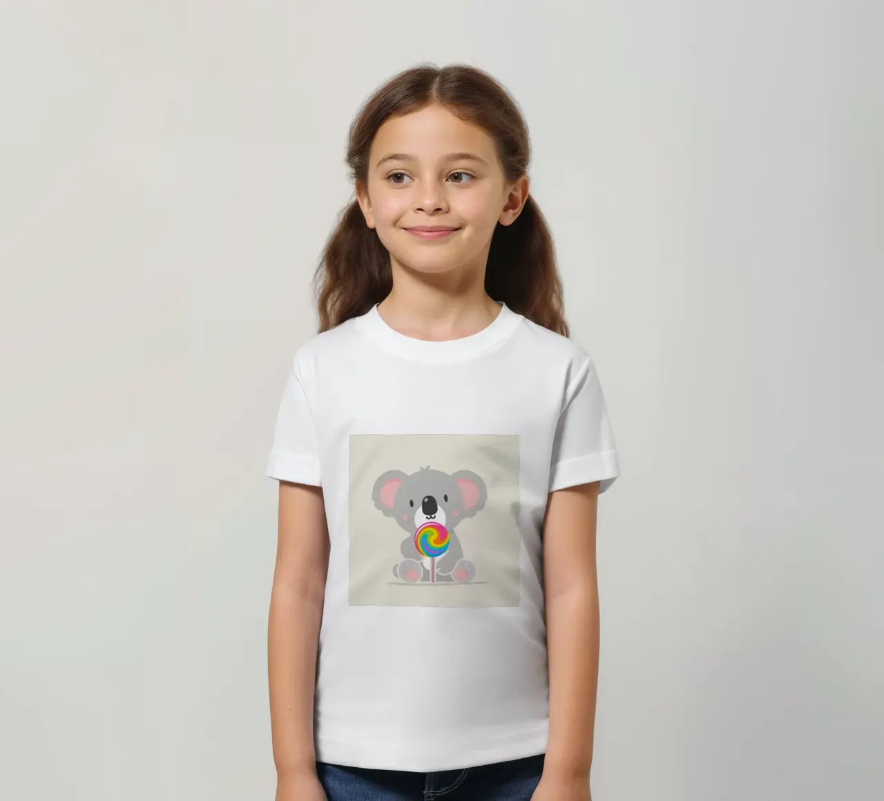 Piccolo koala allegro con un lecca-lecca colorato t-shirt bambini da namosh