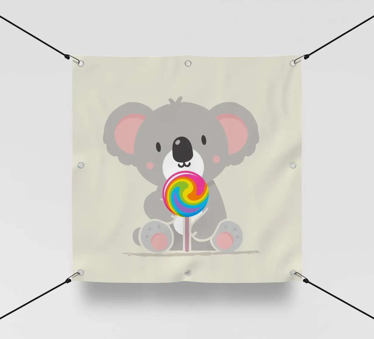 Piccolo koala allegro con un lecca-lecca colorato telo in pvc da namosh