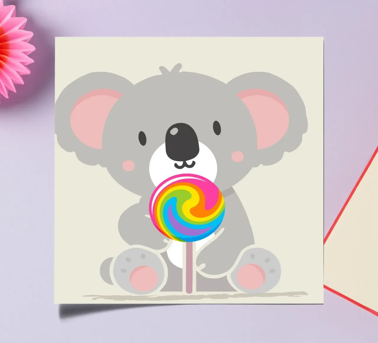 Piccolo koala allegro con un lecca-lecca colorato foglio adesivo da namosh