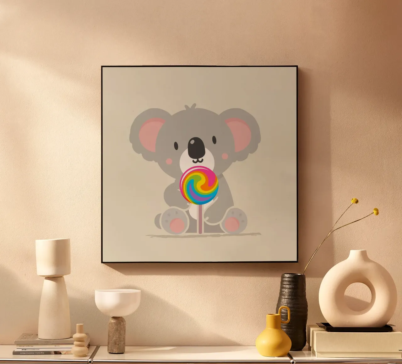 Piccolo koala allegro con un lecca-lecca colorato alluminio dibond da namosh