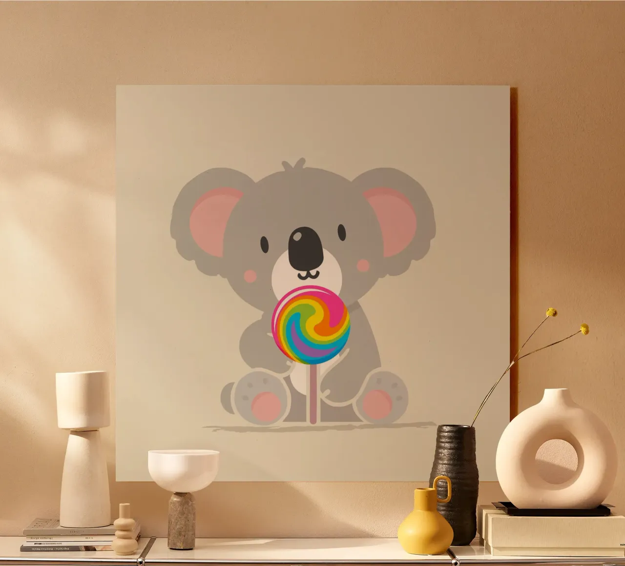Piccolo koala allegro con un lecca-lecca colorato alluminio dibond da namosh