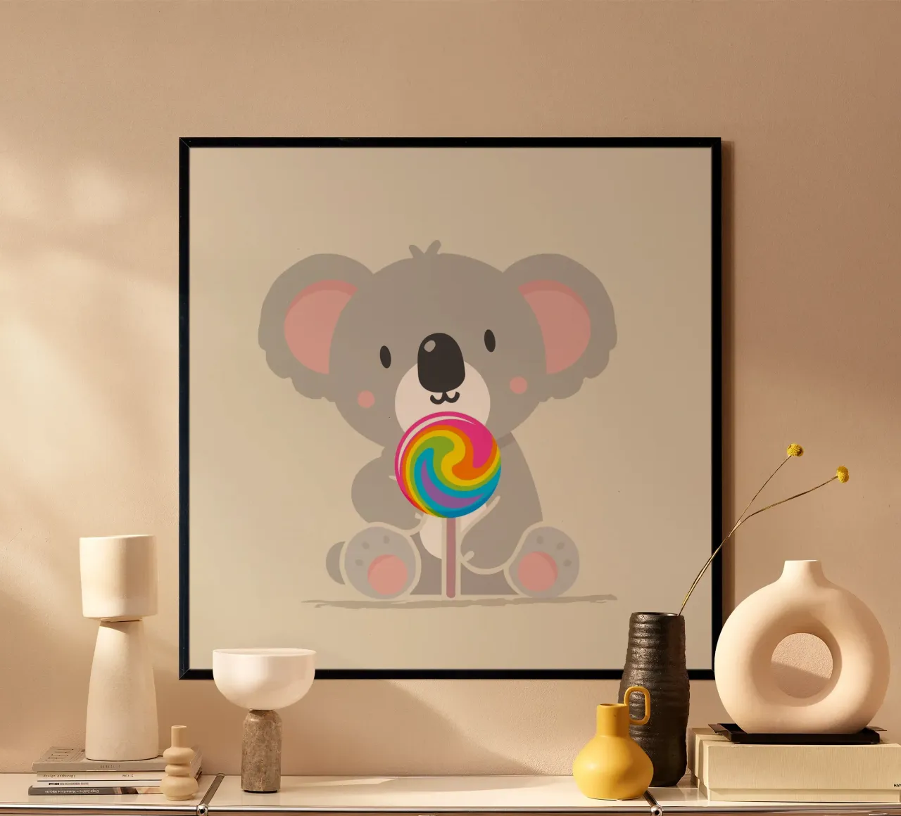 Piccolo koala allegro con un lecca-lecca colorato carta hahnemühle da namosh