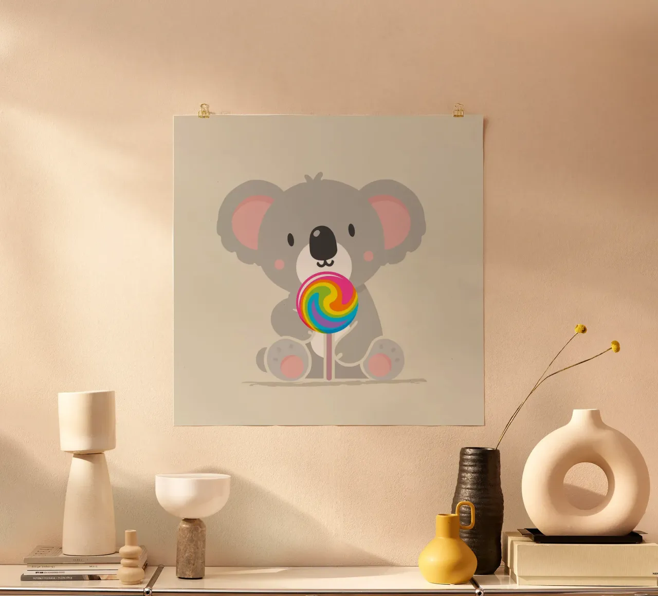 Piccolo koala allegro con un lecca-lecca colorato carta hahnemühle da namosh