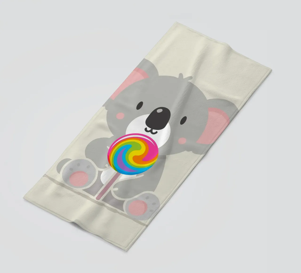 Piccolo koala allegro con un lecca-lecca colorato telo mare da namosh