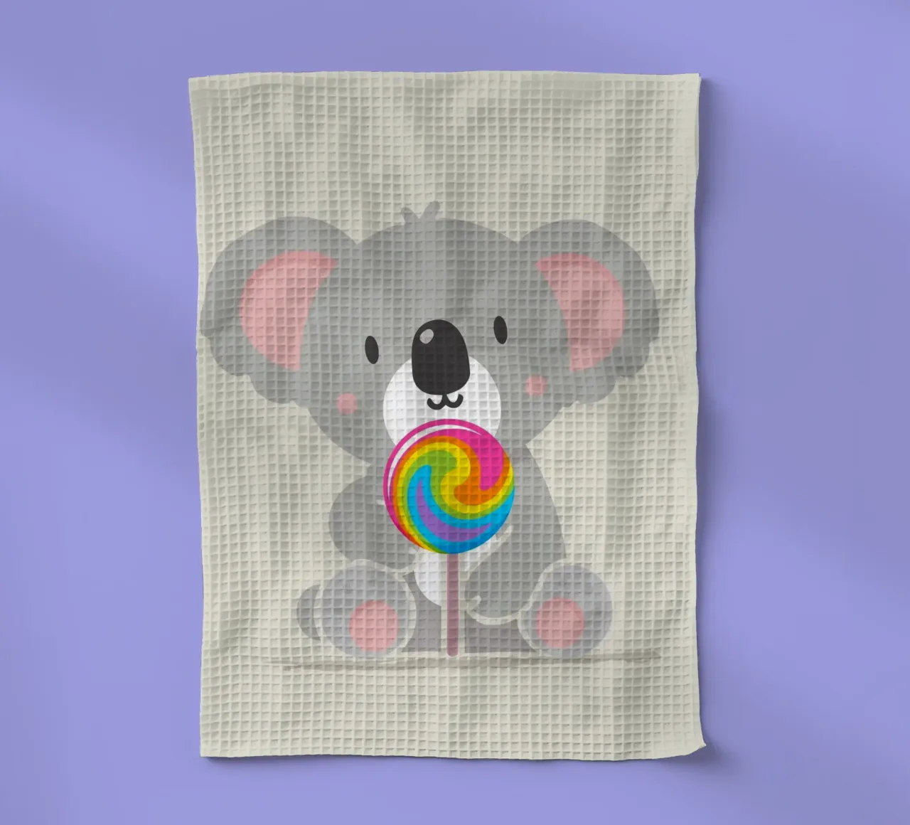 Piccolo koala allegro con un lecca-lecca colorato canovaccio da cucina da namosh