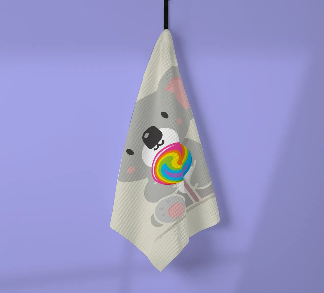 Piccolo koala allegro con un lecca-lecca colorato canovaccio da cucina da namosh