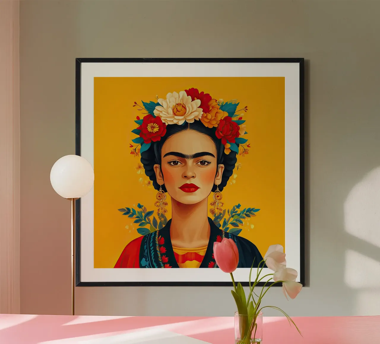 Frida Kahlo - L'art de l'acceptation poster avec cadre en bois de Fantasias Florales