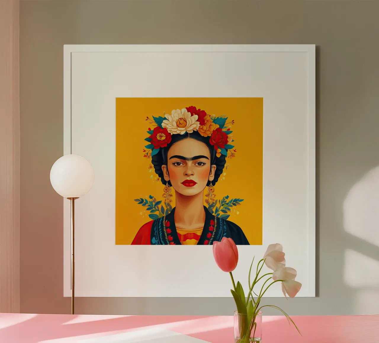 Frida Kahlo - L'art de l'acceptation poster avec cadre en bois de Fantasias Florales