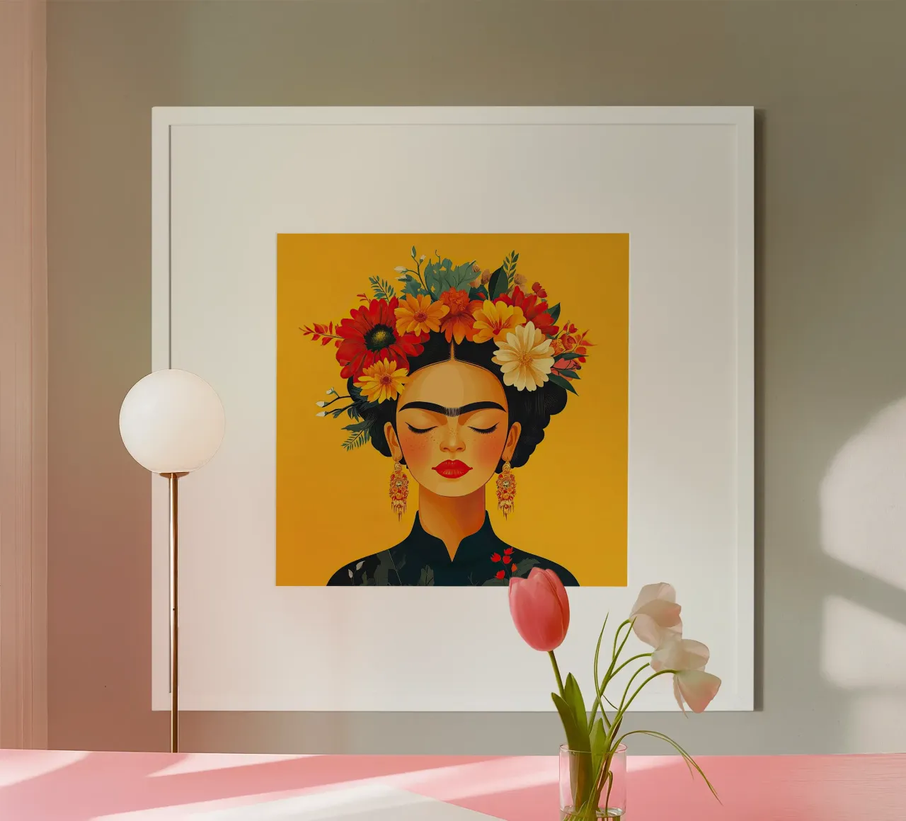 Frida Kahlo - Le don du présent poster avec cadre en bois de Fantasias Florales