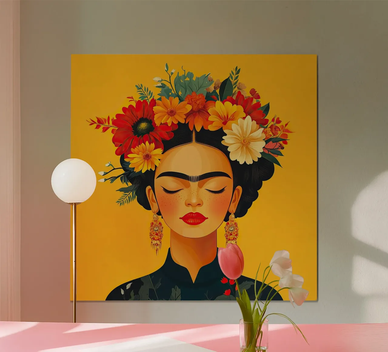 Frida Kahlo - Le don du présent poster avec cadre en bois de Fantasias Florales