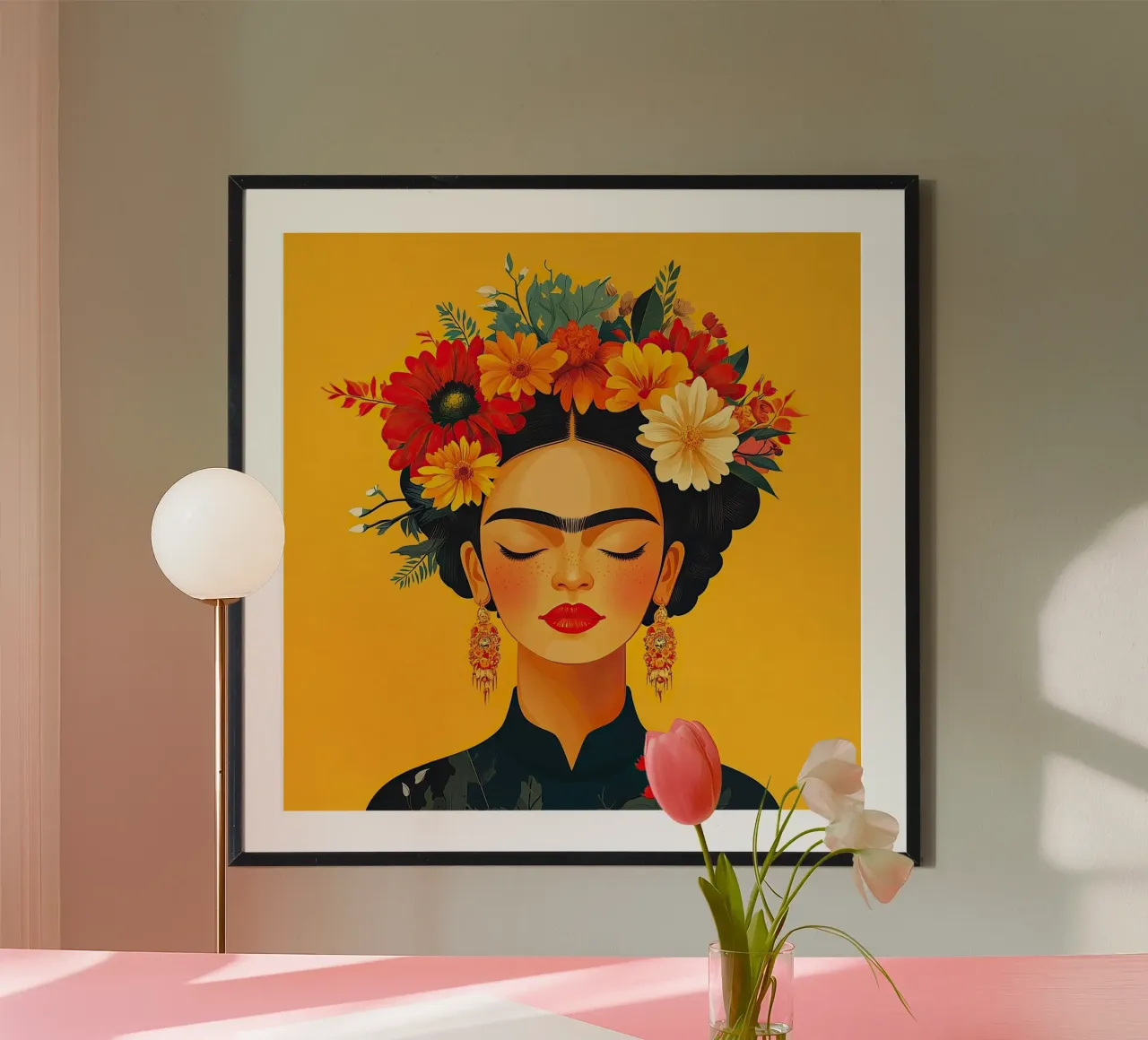 Frida Kahlo - Le don du présent poster avec cadre en bois de Fantasias Florales