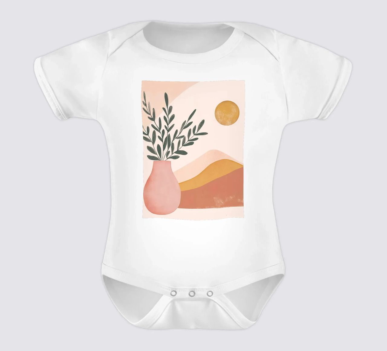 Full Moon Boho Plant in Vase with Abstract Mountain Yoga Art short-sleeve baby romper by Gentle Echoes Art