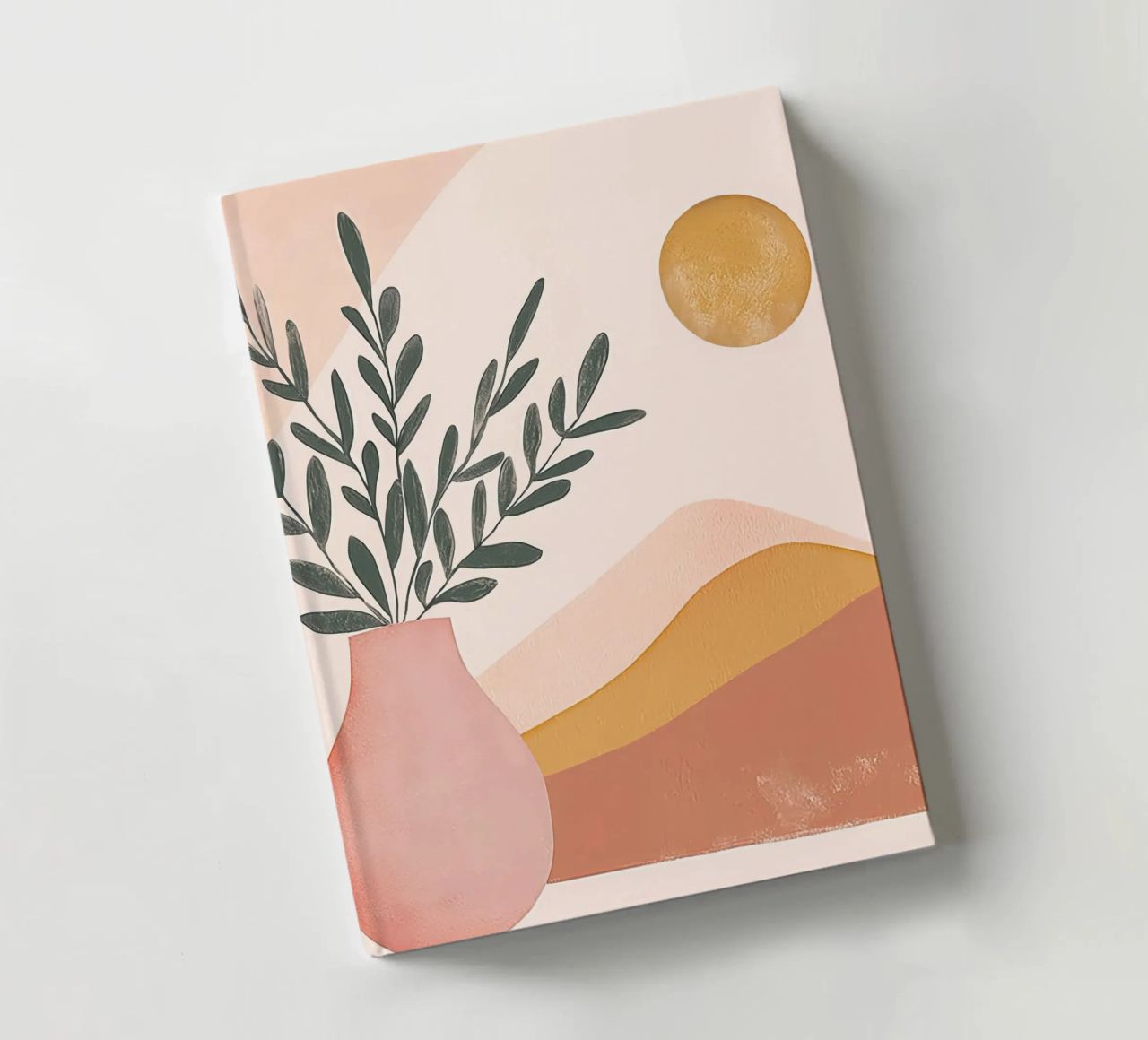 Full Moon Boho Plant in Vase with Abstract Mountain Yoga Art notebook by Gentle Echoes Art