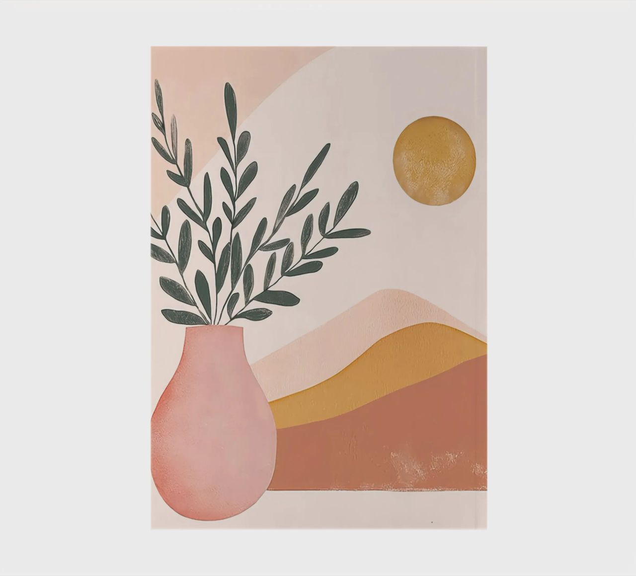 Full Moon Boho Plant in Vase with Abstract Mountain Yoga Art notebook by Gentle Echoes Art