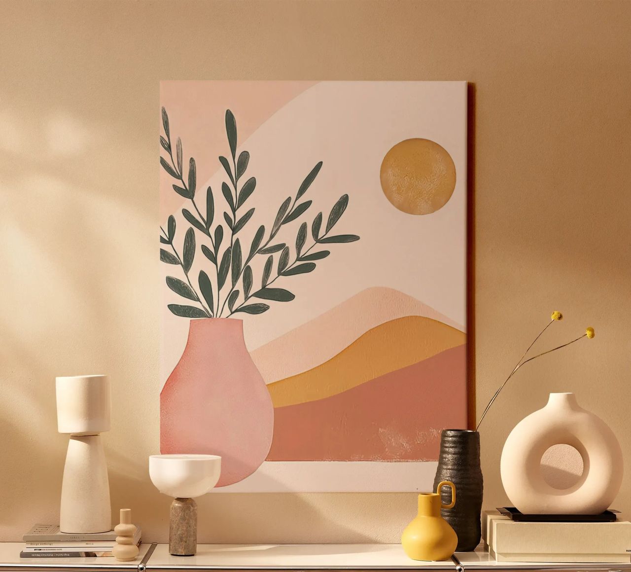 Full Moon Boho Plant in Vase with Abstract Mountain Yoga Art canvas by Gentle Echoes Art