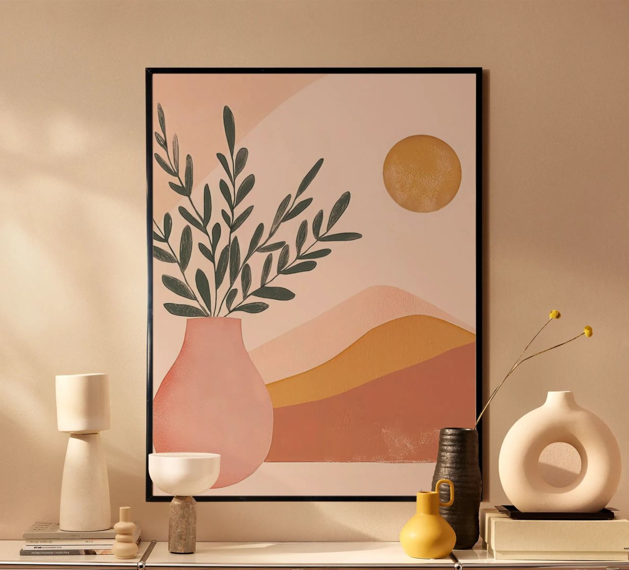 Full Moon Boho Plant in Vase with Abstract Mountain Yoga Art poster by Gentle Echoes Art