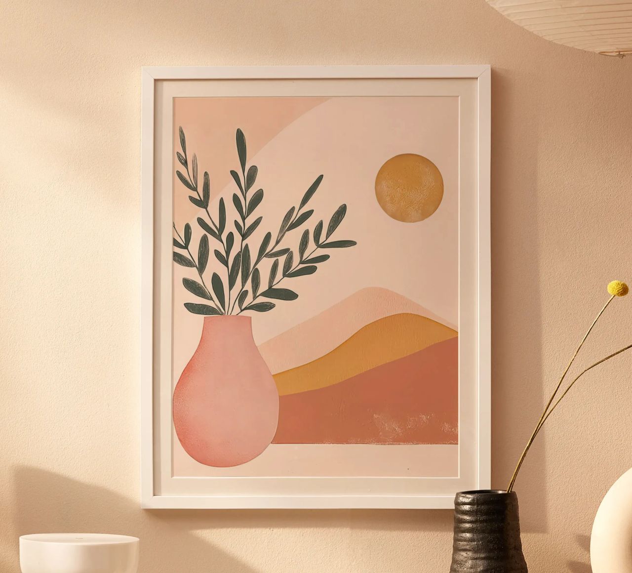 Full Moon Boho Plant in Vase with Abstract Mountain Yoga Art poster by Gentle Echoes Art