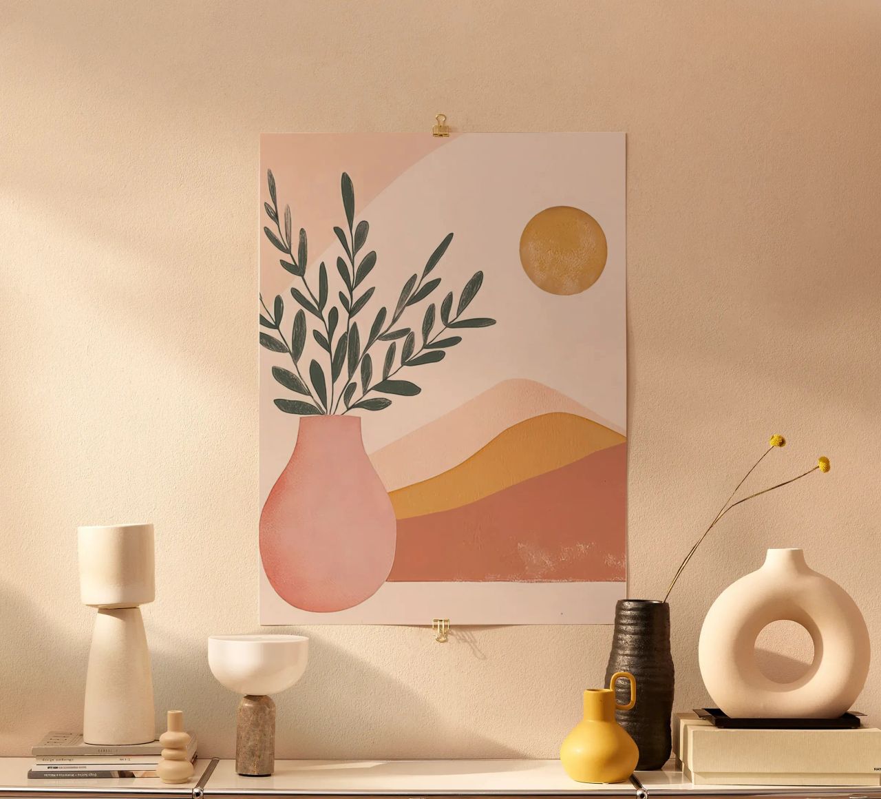 Full Moon Boho Plant in Vase with Abstract Mountain Yoga Art poster by Gentle Echoes Art