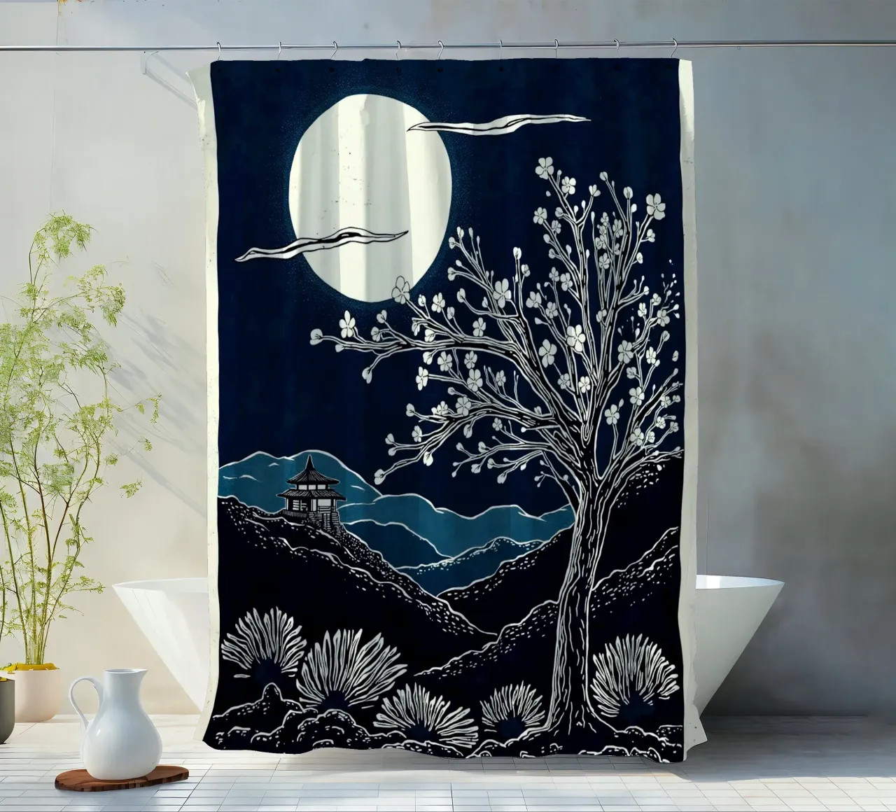 Moon Over Kyoto shower curtain by Indigo Rain