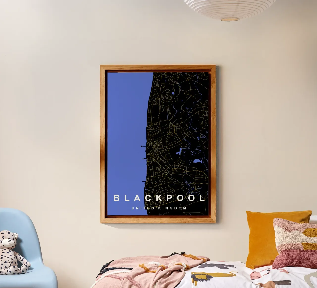 Mappa della città di Blackpool Regno Unito nero e oro alluminio dibond da Cartographers Library