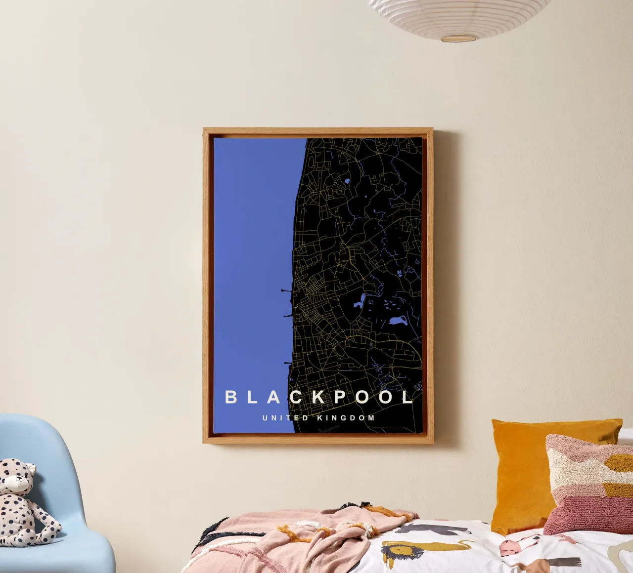 Mappa della città di Blackpool Regno Unito nero e oro tela con Cornice a cassetta da Cartographers Library