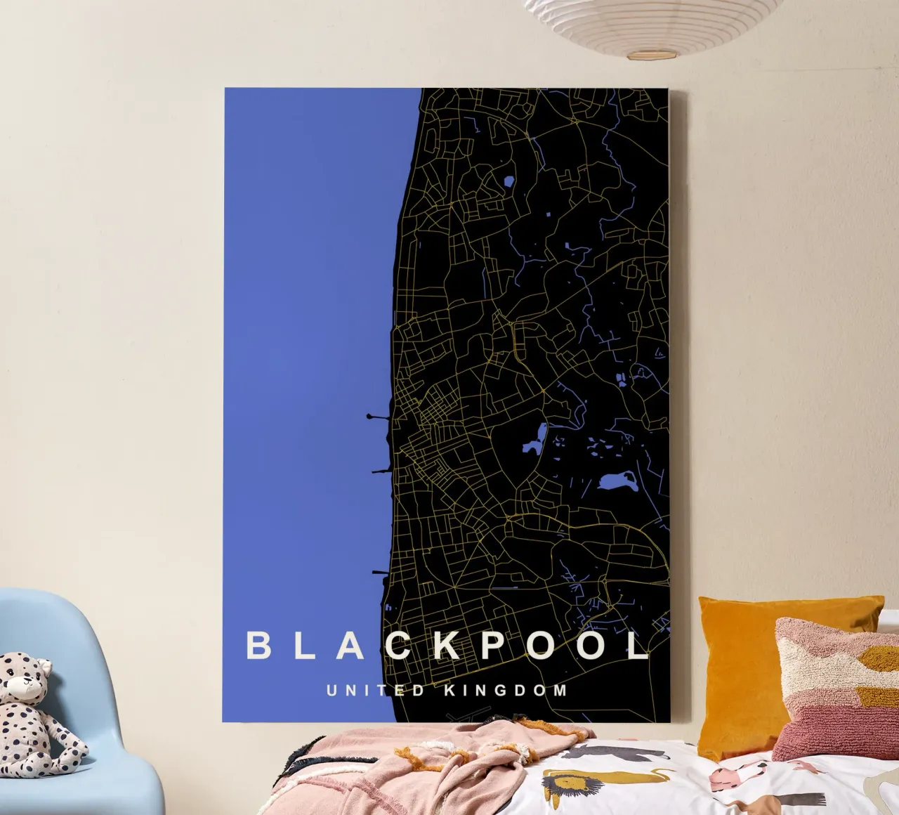 Mappa della città di Blackpool Regno Unito nero e oro tela con Cornice a cassetta da Cartographers Library