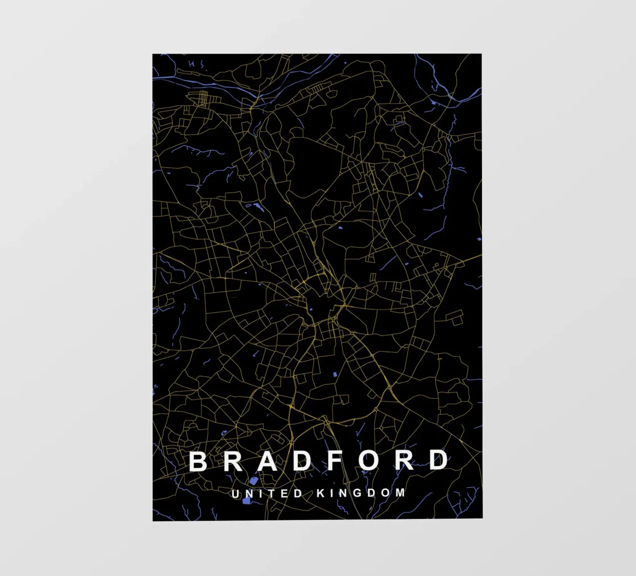 Mappa della città di Bradford Regno Unito nero e oro pellicola backlit da Cartographers Library