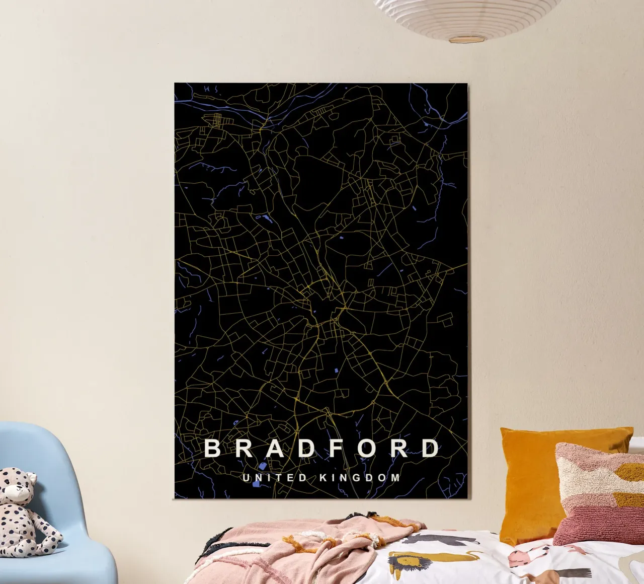 Mappa della città di Bradford Regno Unito nero e oro alluminio dibond da Cartographers Library