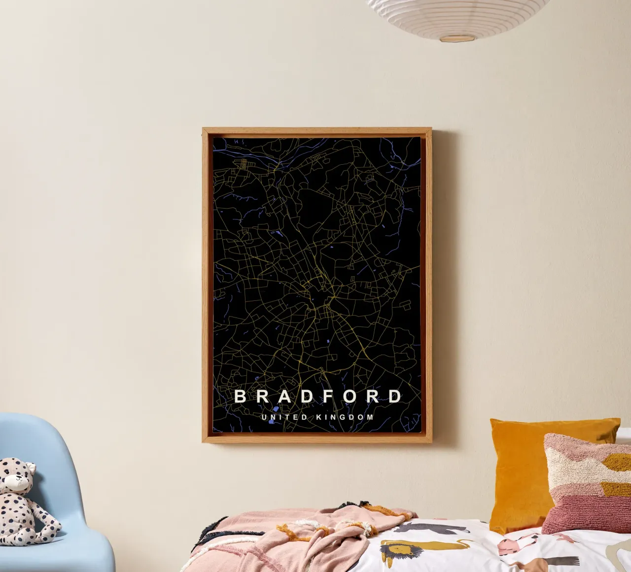Mappa della città di Bradford Regno Unito nero e oro tela con Cornice a cassetta da Cartographers Library