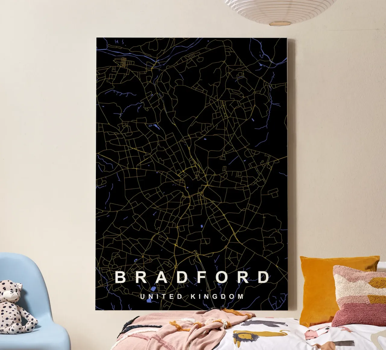 Mappa della città di Bradford Regno Unito nero e oro tela con Cornice a cassetta da Cartographers Library