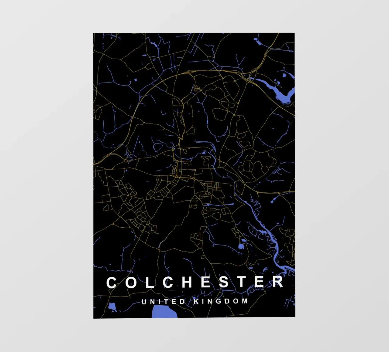Mappa della città di Colchester Regno Unito nero e oro pellicola backlit da Cartographers Library