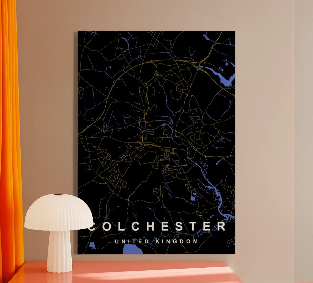 Mappa della città di Colchester Regno Unito nero e oro plexiglass da Cartographers Library