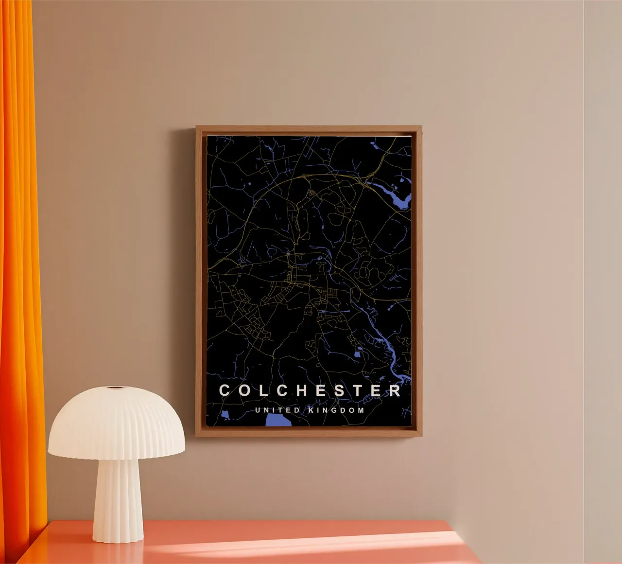 Mappa della città di Colchester Regno Unito nero e oro tela con Cornice a cassetta da Cartographers Library