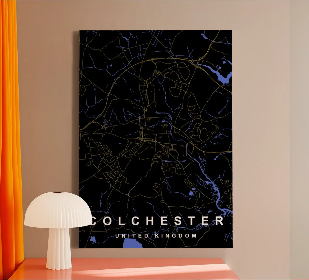 Mappa della città di Colchester Regno Unito nero e oro tela con Cornice a cassetta da Cartographers Library
