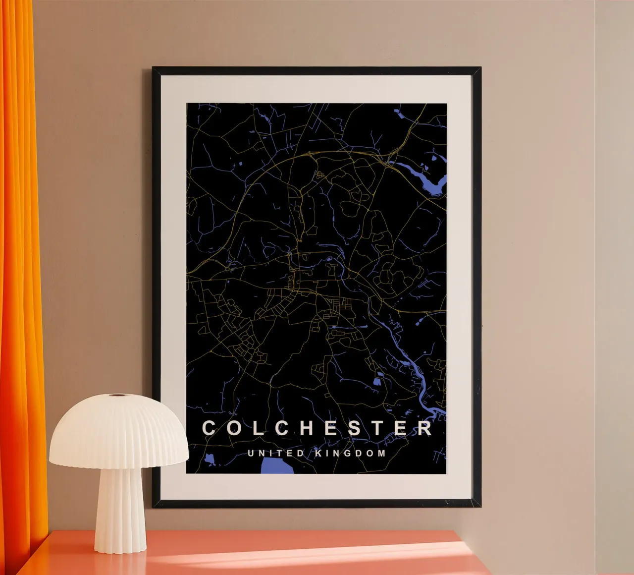 Mappa della città di Colchester Regno Unito nero e oro carta hahnemühle da Cartographers Library