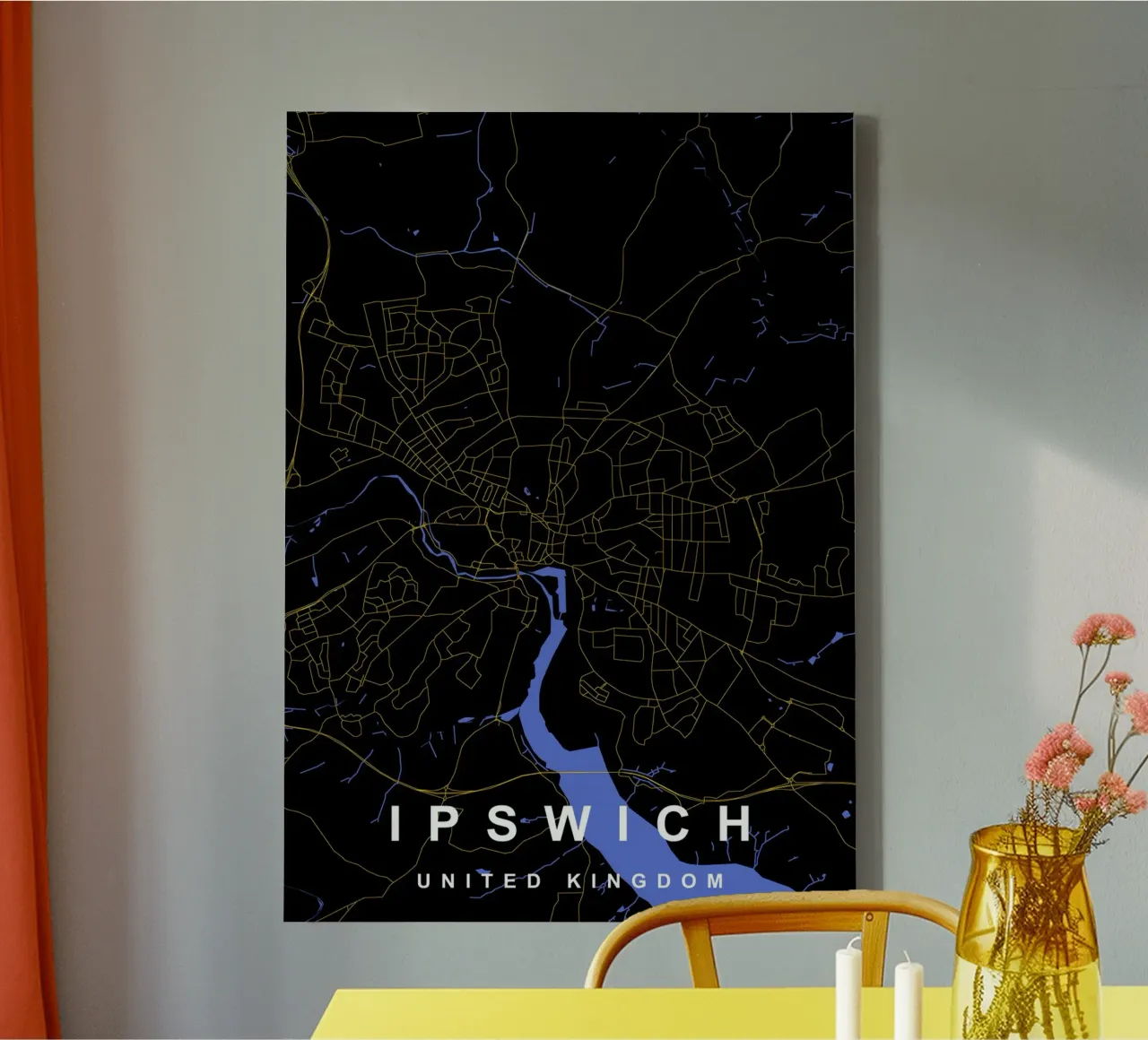 Mappa della città di Ipswich Regno Unito nero e oro tela con Cornice a cassetta da Cartographers Library