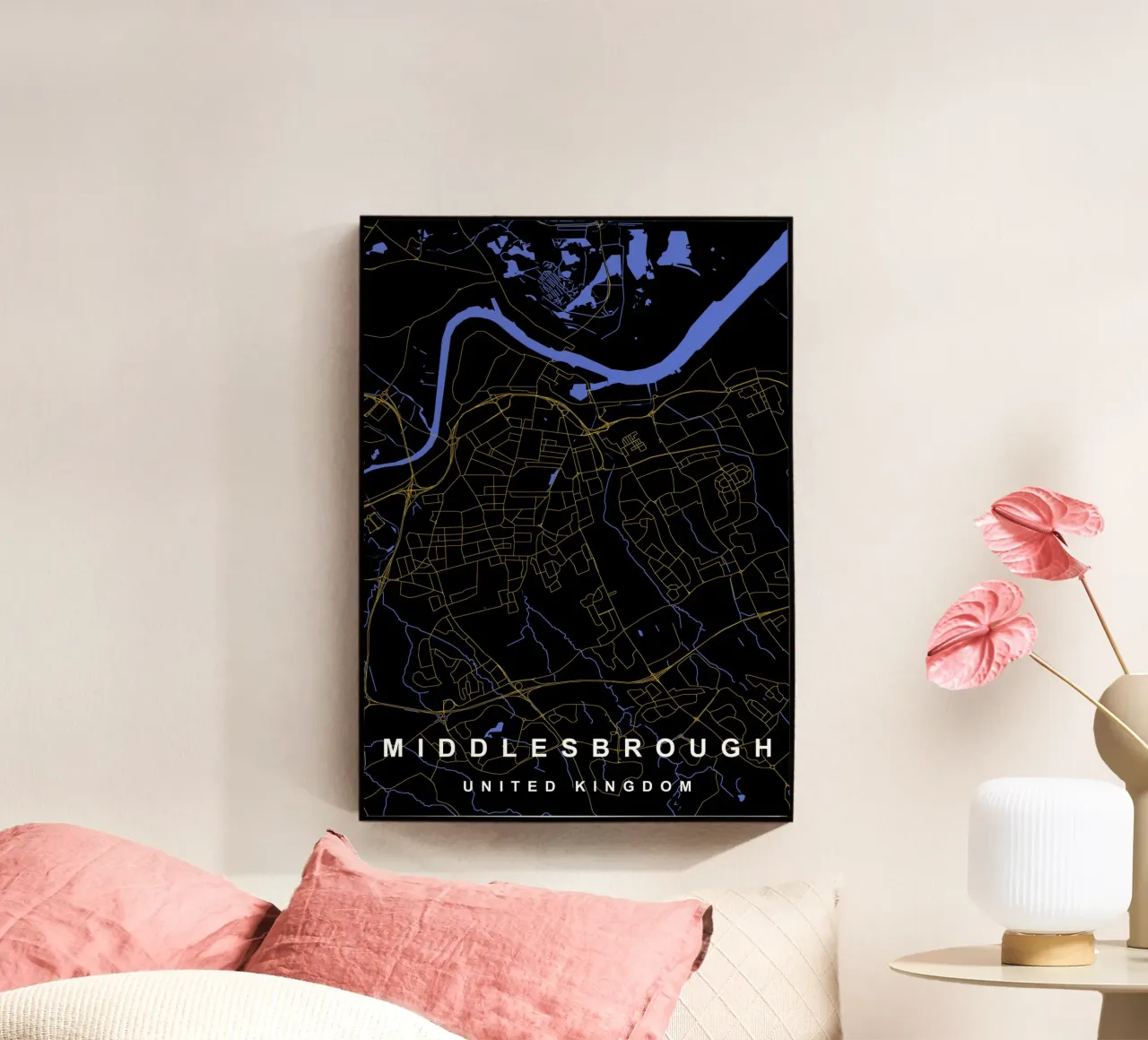 Mappa della città di Middlesbrough Regno Unito nero e oro plexiglass da Cartographers Library