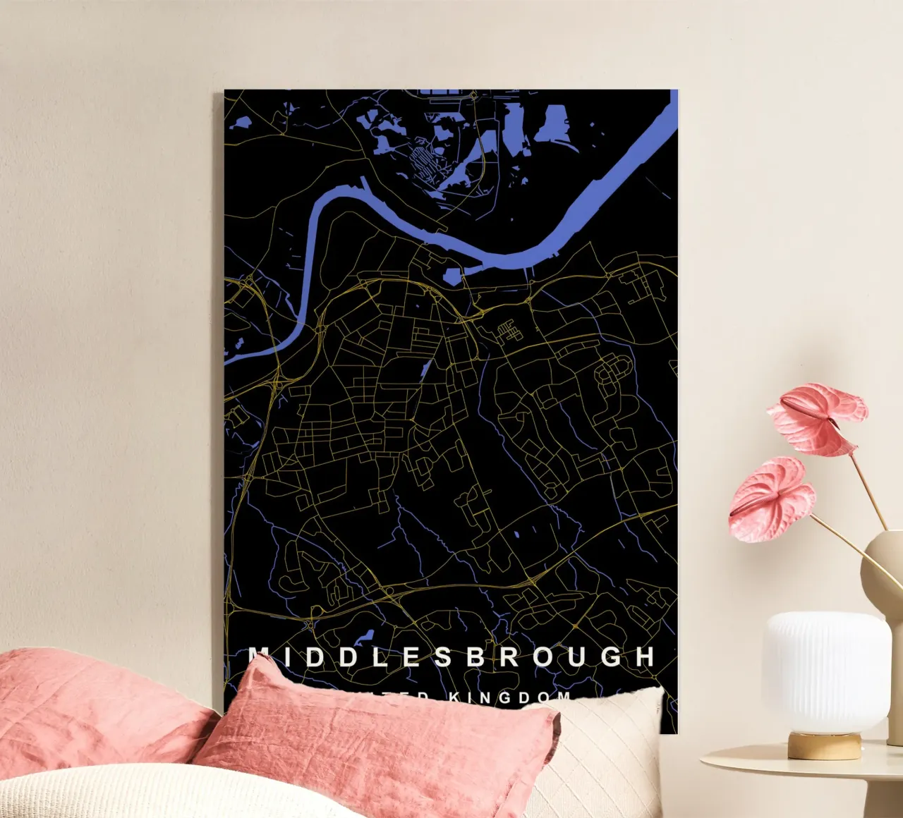 Mappa della città di Middlesbrough Regno Unito nero e oro plexiglass da Cartographers Library