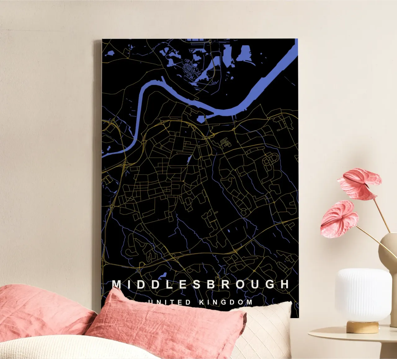 Mappa della città di Middlesbrough Regno Unito nero e oro tela da Cartographers Library
