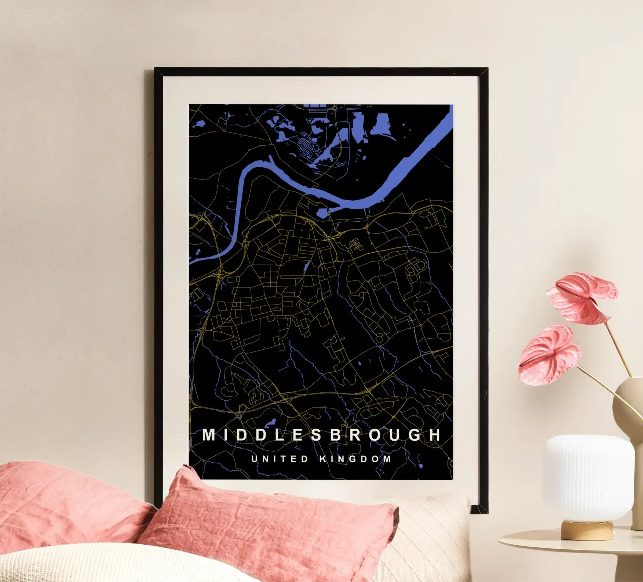 Mappa della città di Middlesbrough Regno Unito nero e oro poster da Cartographers Library