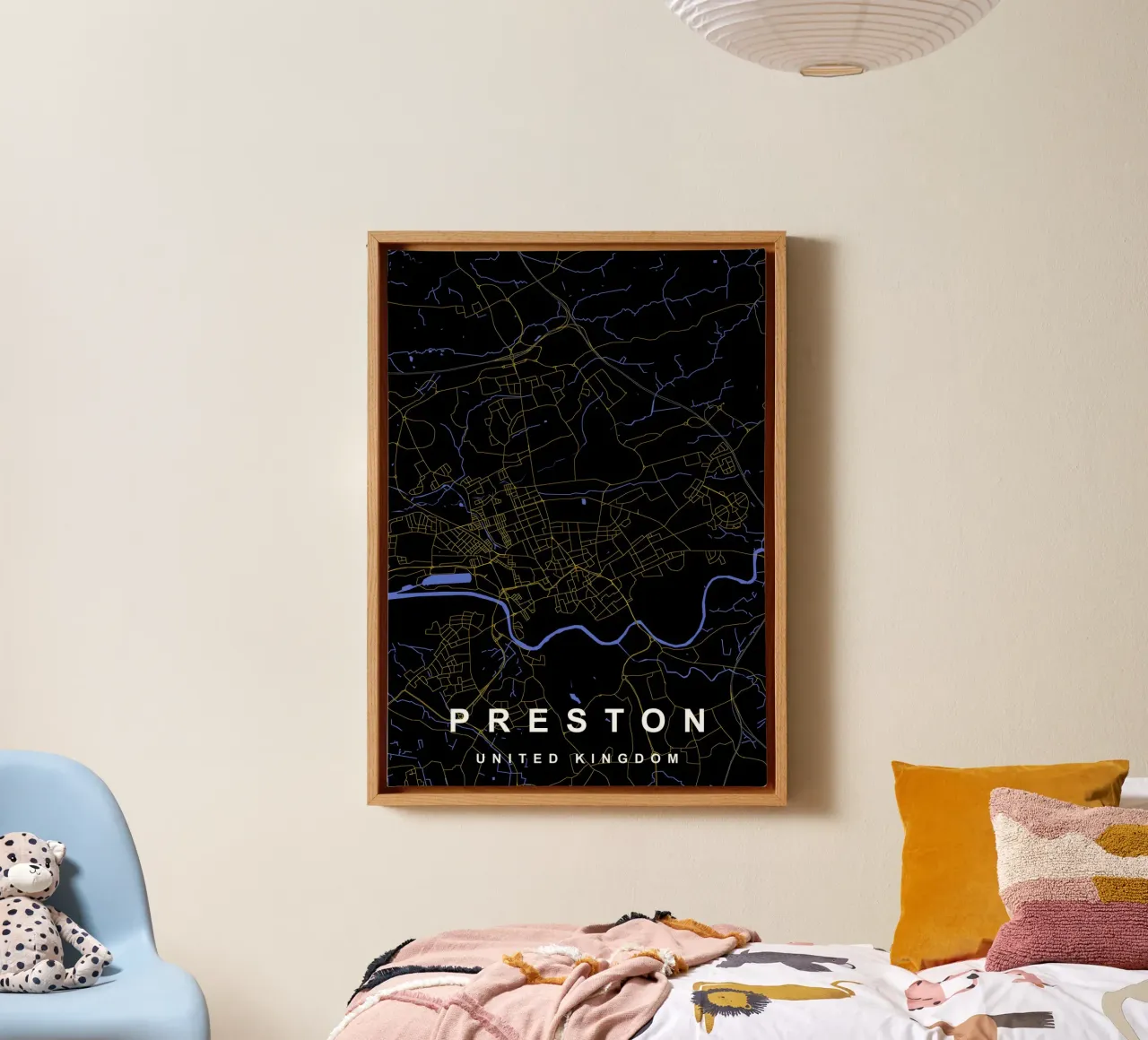 Mappa della città di Preston Regno Unito nero e oro tela da Cartographers Library