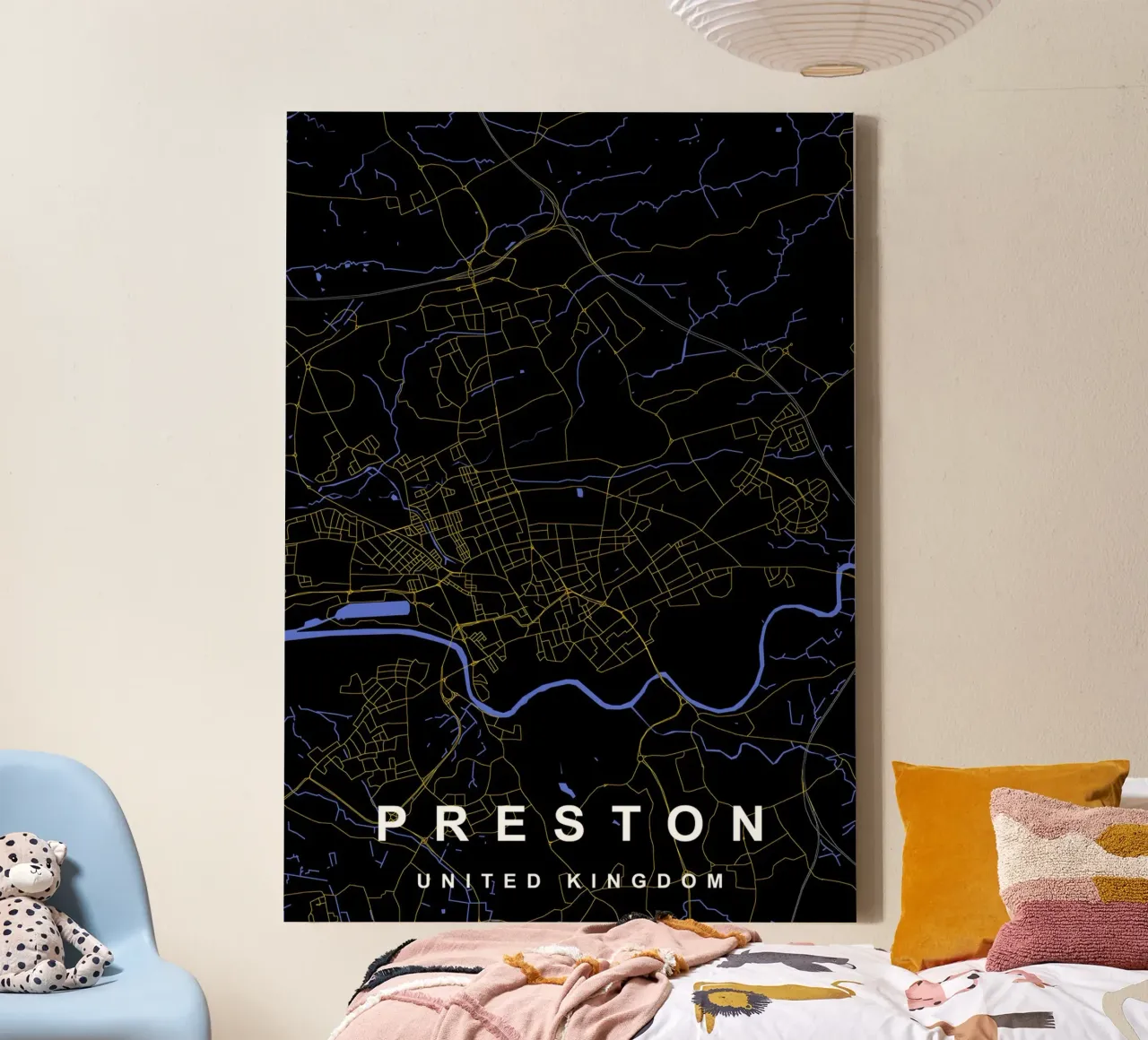 Mappa della città di Preston Regno Unito nero e oro tela da Cartographers Library