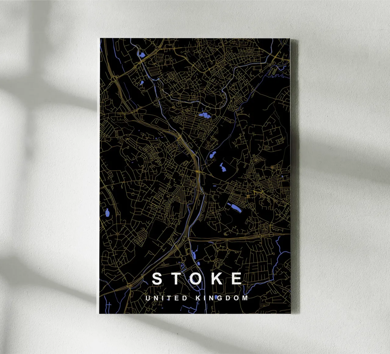 Mappa della città di Stoke Regno Unito nero e oro tela con Cornice a cassetta da Cartographers Library