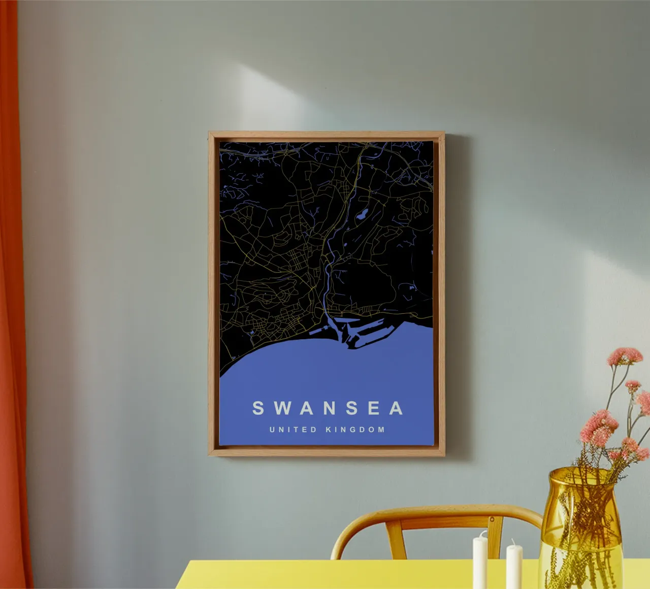 Mappa della città di Swansea Regno Unito nero e oro tela con Cornice a cassetta da Cartographers Library