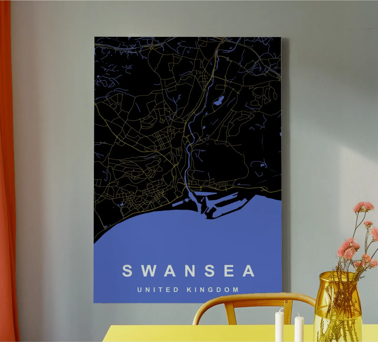 Mappa della città di Swansea Regno Unito nero e oro tela con Cornice a cassetta da Cartographers Library