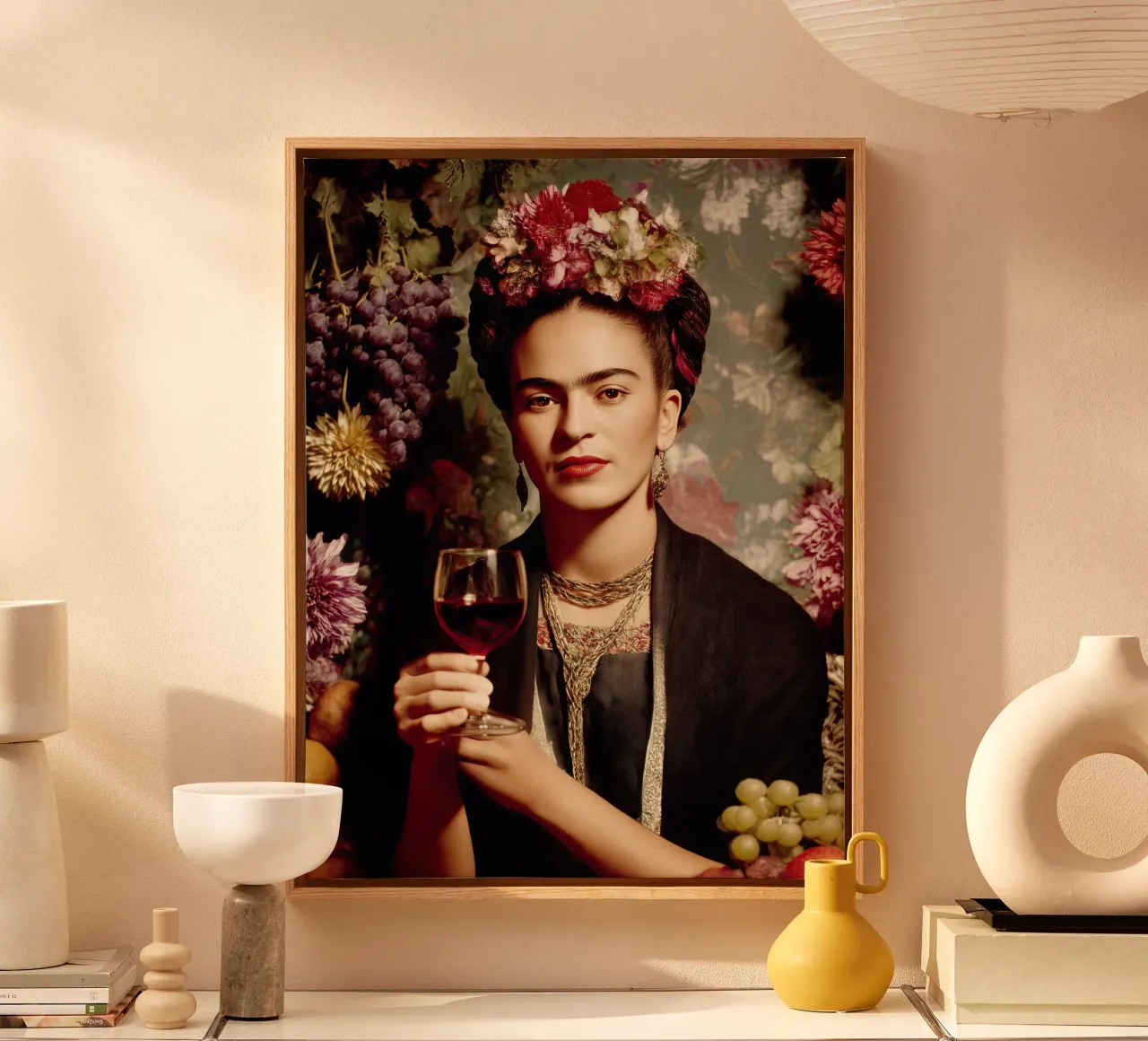 La giovane Frida Kahlo con il bicchiere di vino tela con Cornice a cassetta da Autofocus