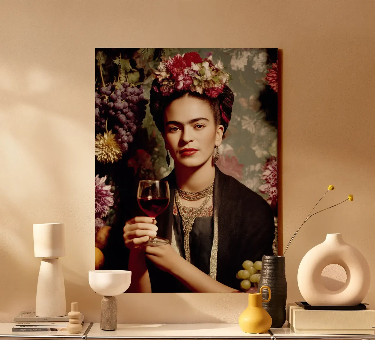 La giovane Frida Kahlo con il bicchiere di vino tela con Cornice a cassetta da Autofocus