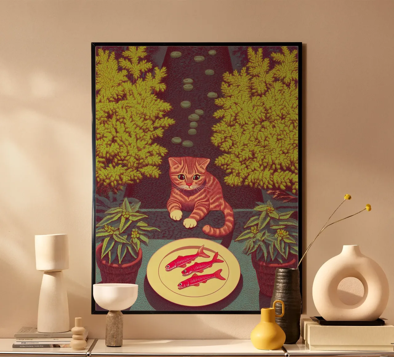 Katze & Fisch Küchenkunst - Fischer Botanische Kunst Poster von Kaji
